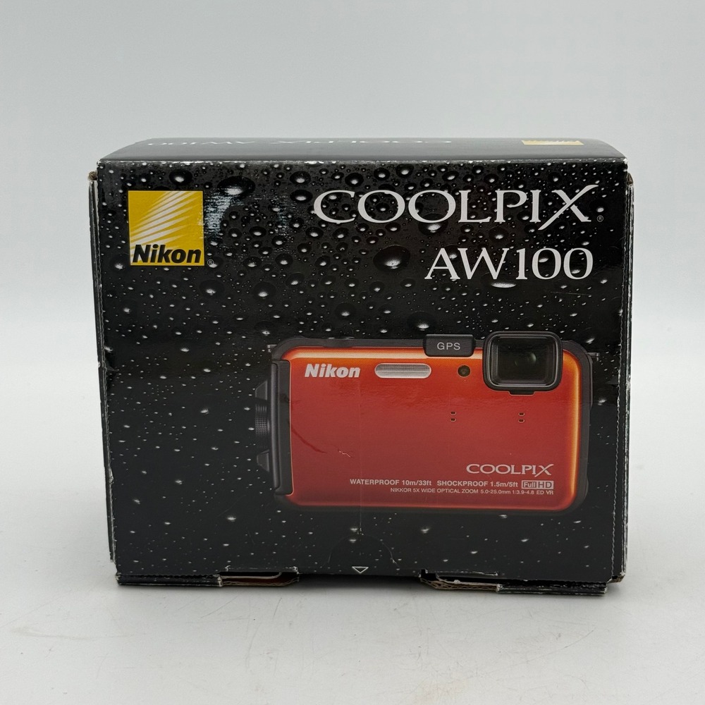 Nikon Coolpix AW100 Orange Waterproof Shockproof GPS Digital Camera Full Kit Box